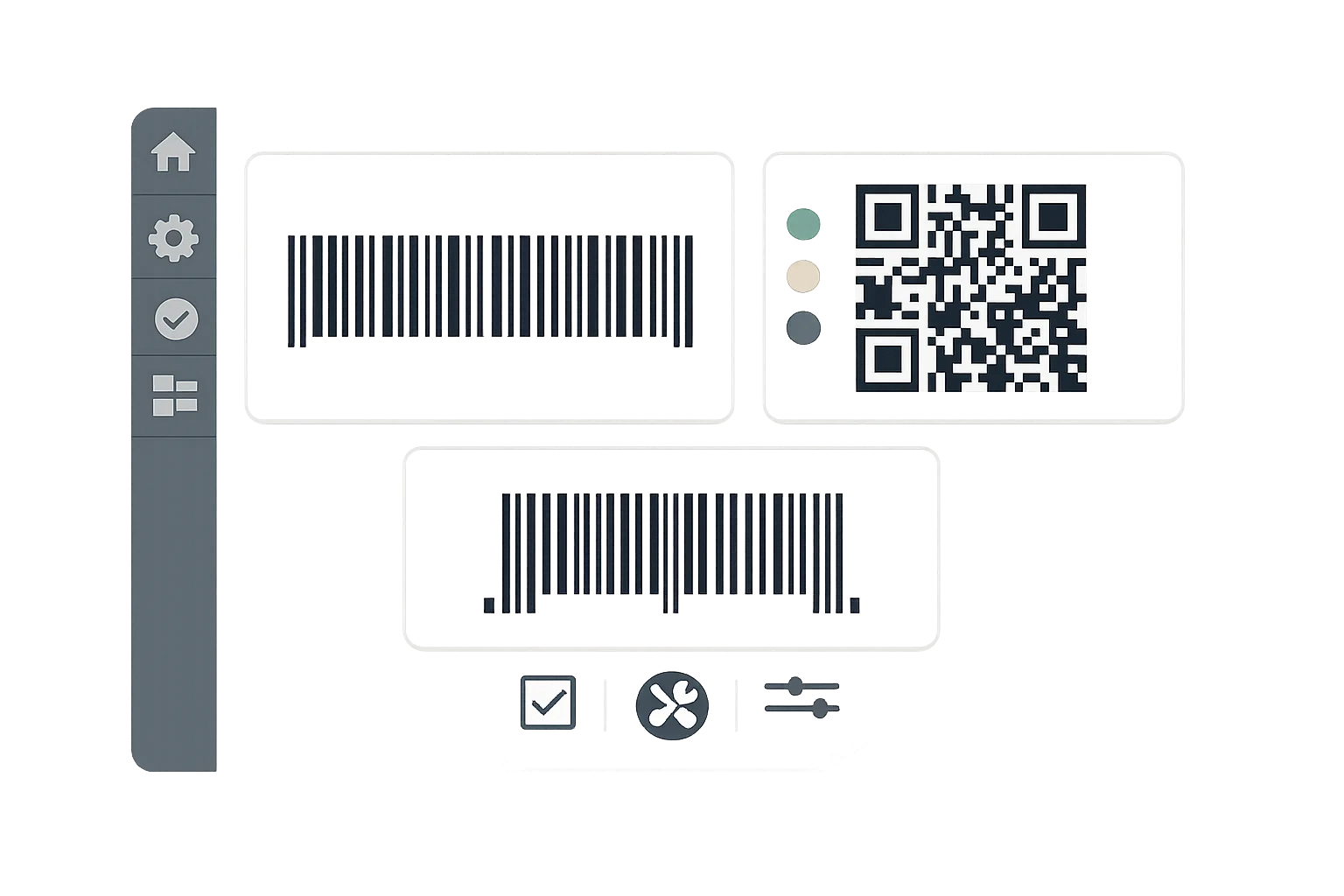 Barcode generation interface showing Code 128, QR codes, and UPC barcode formats