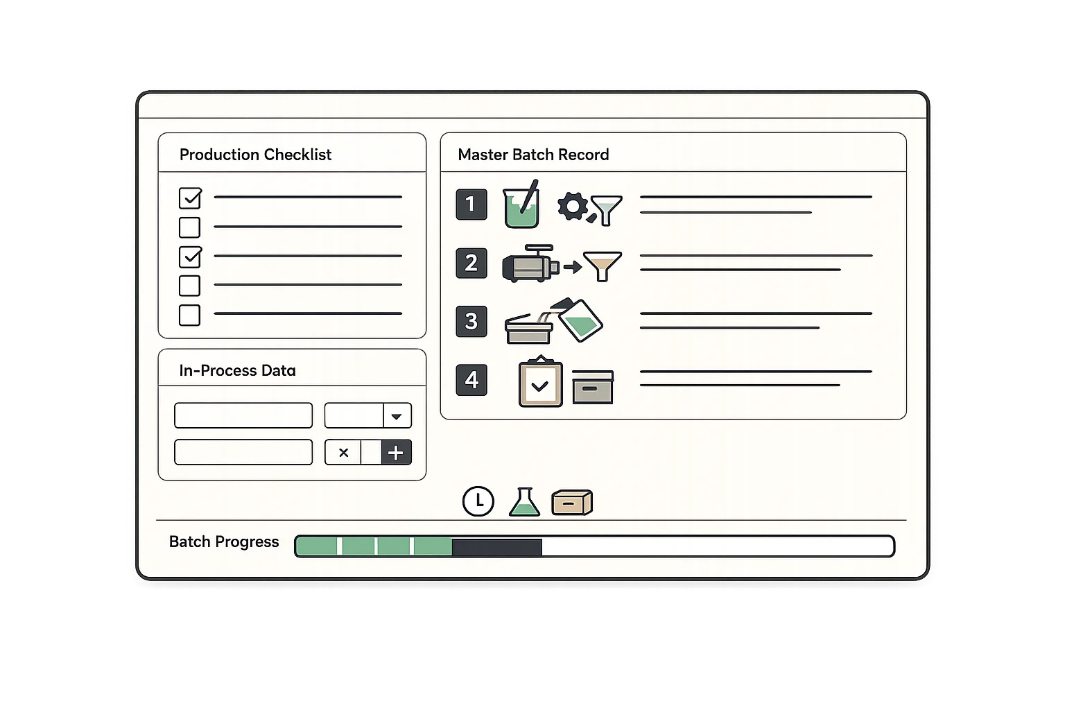 Electronic production record interface showing digital production checklist and master production record template
