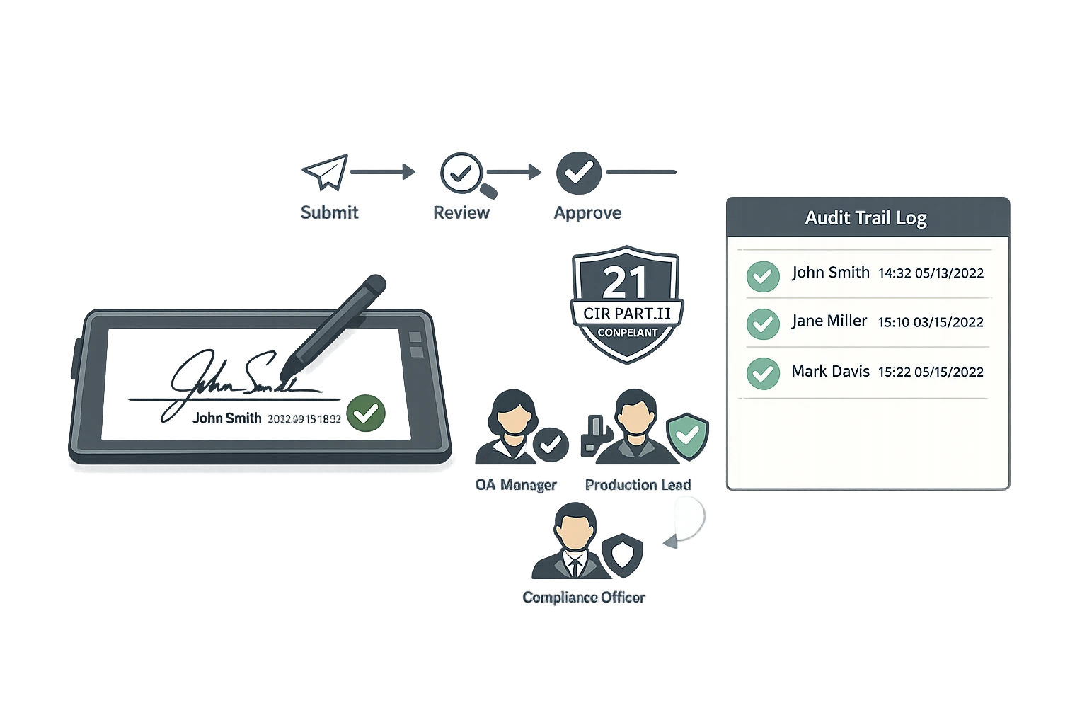 Electronic signature workflow showing digital signature capture, 21 CFR Part 11 compliant approval workflow, and signature audit trail