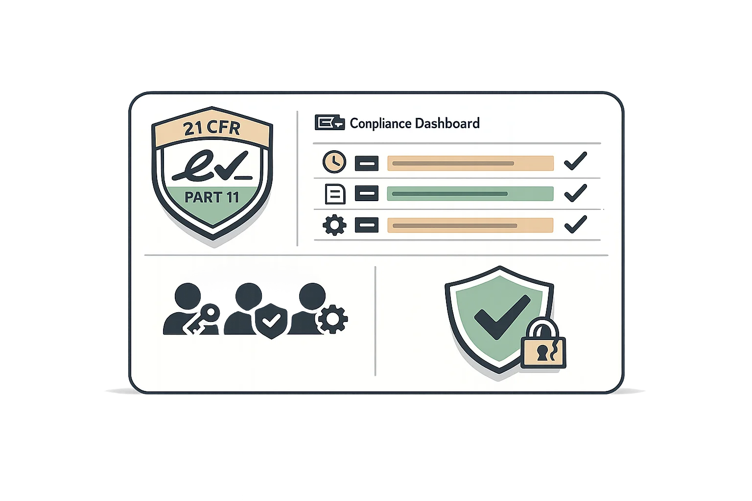 FDA cGMP compliance dashboard showing 21 CFR Part 11 electronic signatures and audit trail