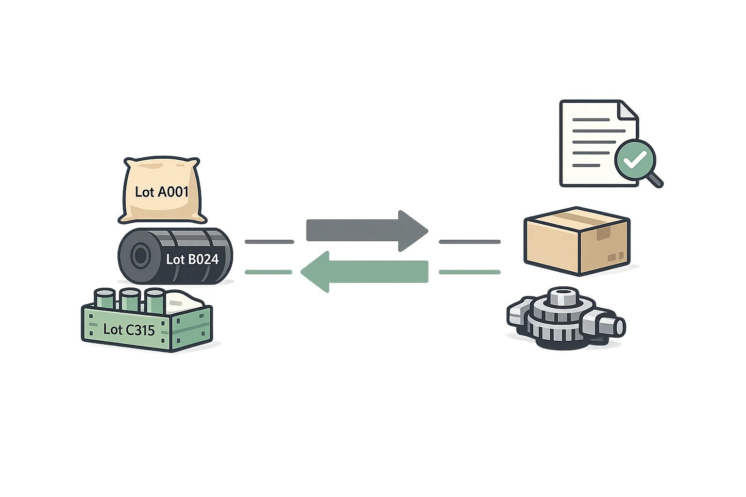 Lot and material traceability diagram showing raw materials to finished goods tracking