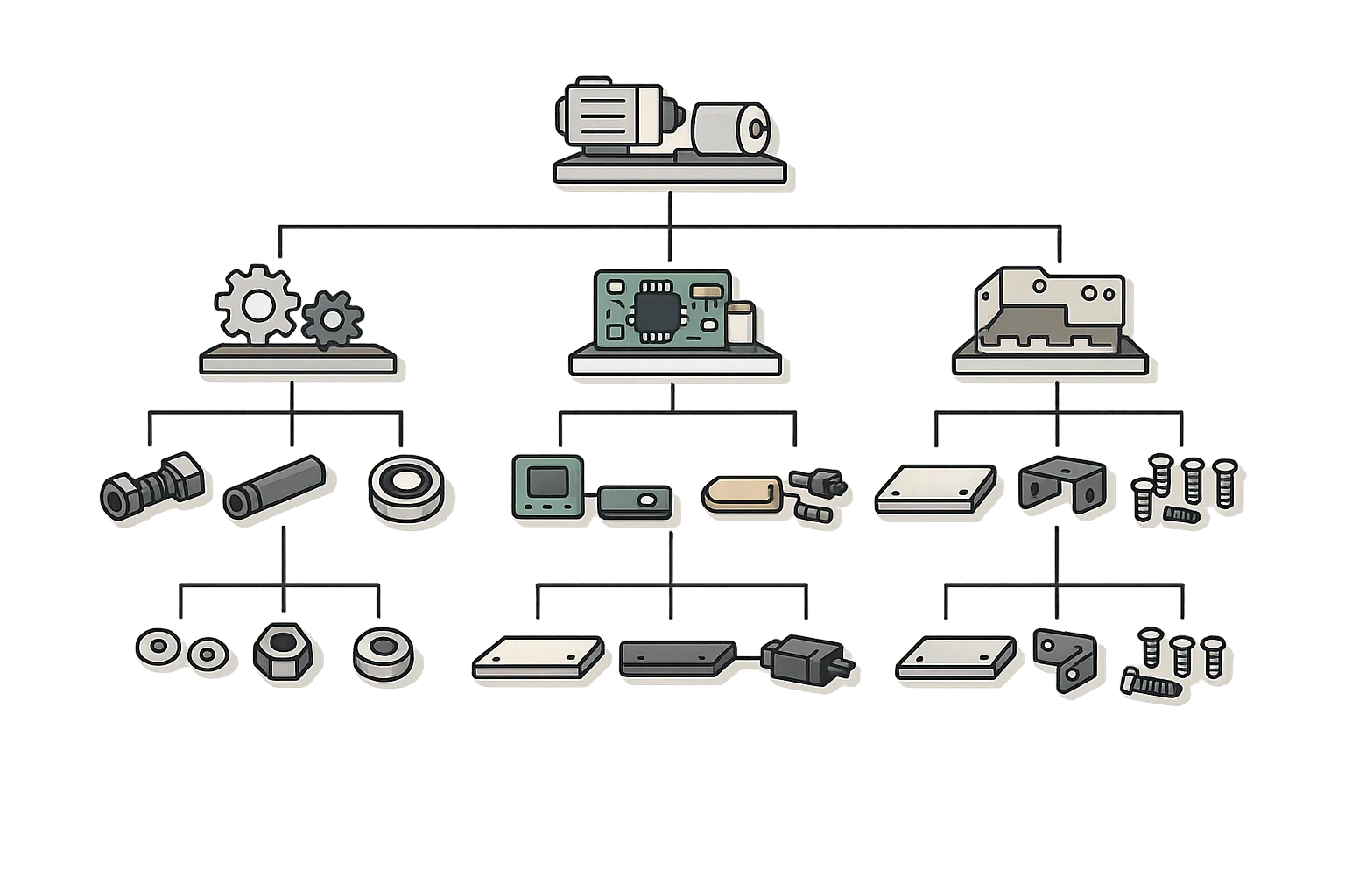 Multi-level bill of materials tree diagram showing nested sub-assemblies and component hierarchy