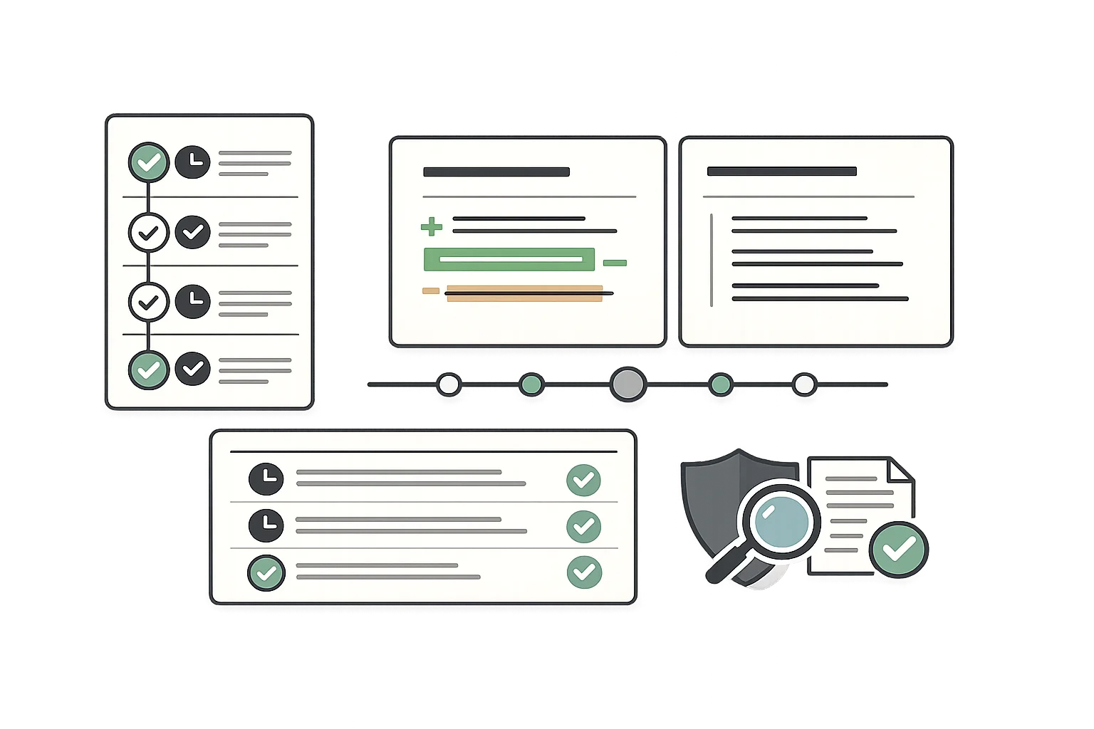 Version control and history tracking interface showing document versions, comparison view, and audit trail