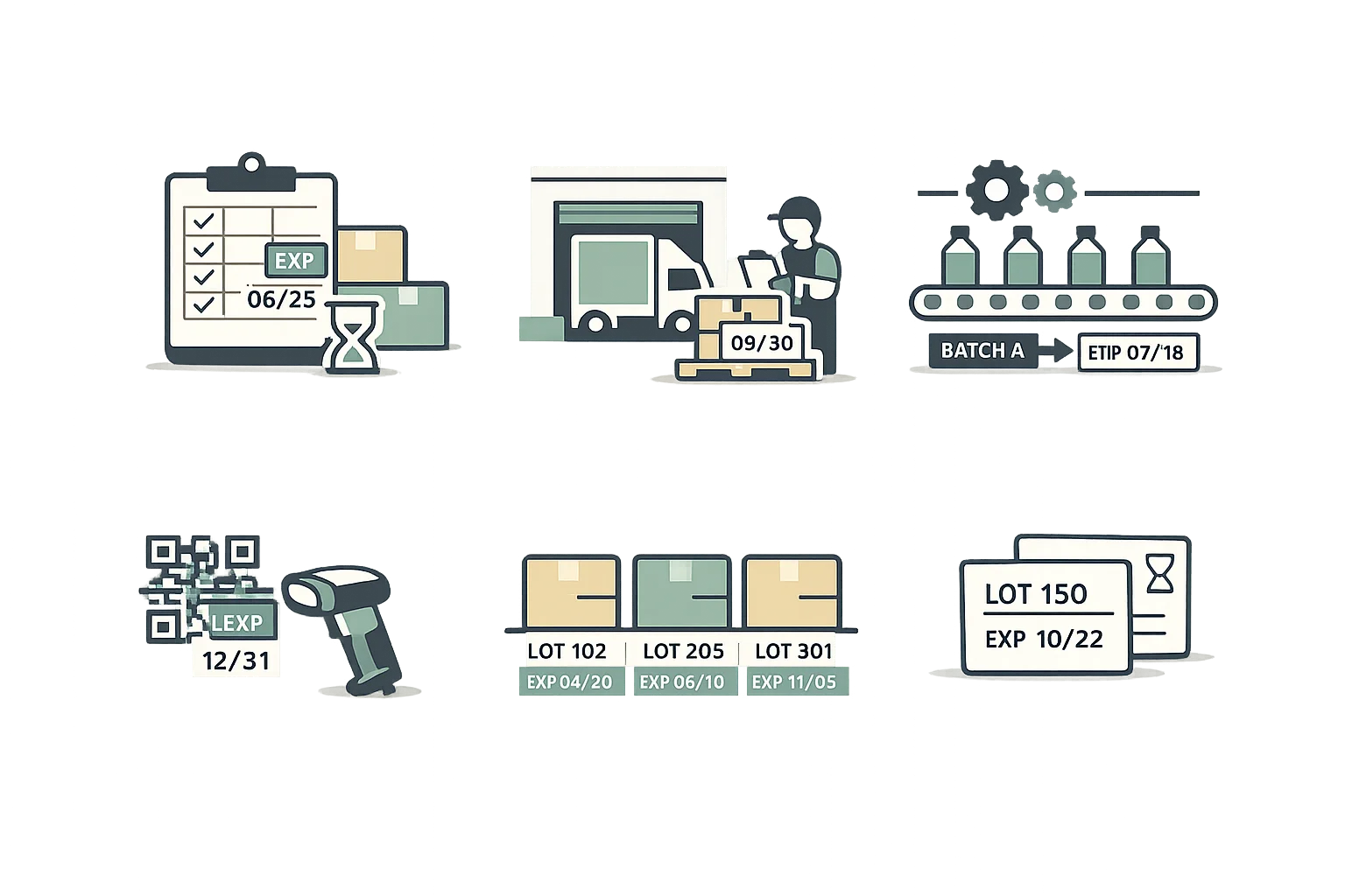 Lot-level expiration management showing production records with expiration dates and QR code scanning
