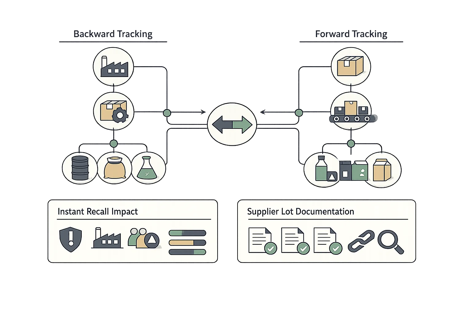 Complete lot traceability visualization showing forward and backward tracking from raw materials through finished goods