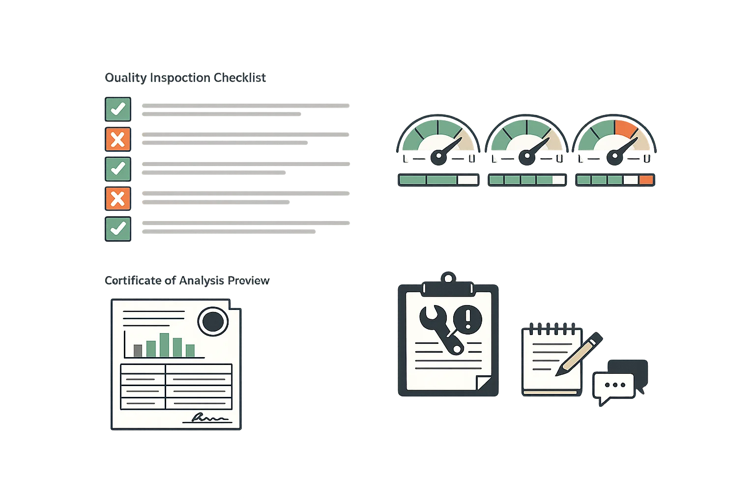 Quality control and testing dashboard showing inspection checklists, specification limits, and certificate of analysis generation