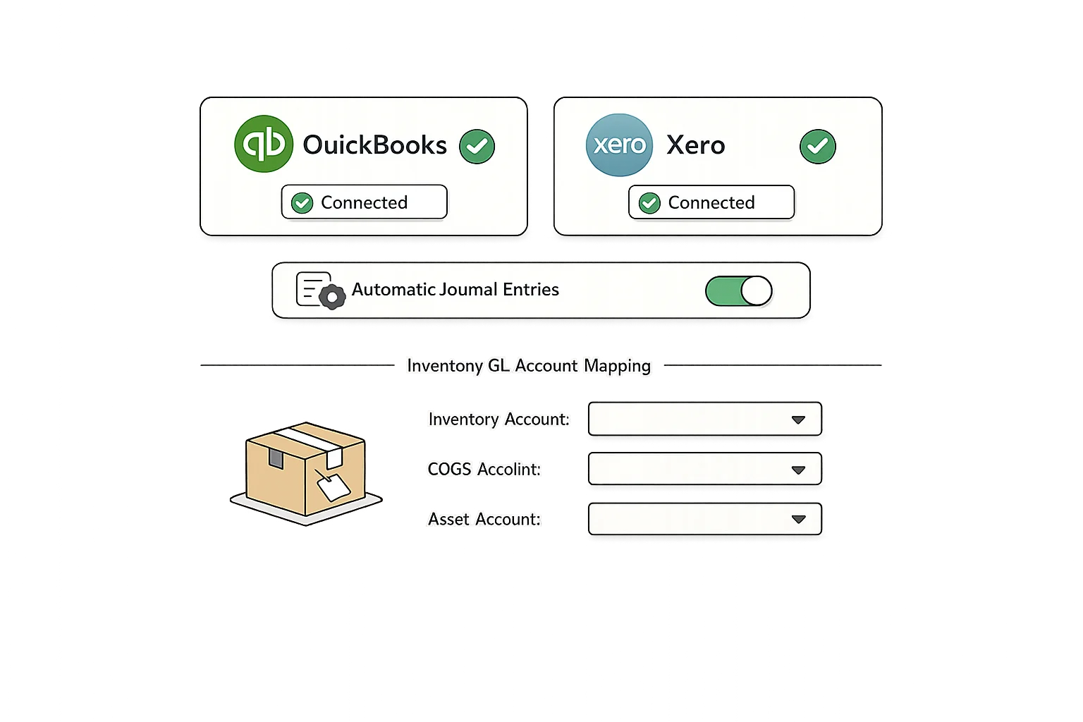 Accounting system integration interface showing QuickBooks and Xero connection status, automatic journal entry generation, and GL account mapping
