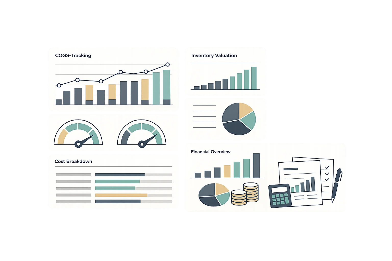 Inventory reporting software showing COGS tracking, inventory valuation, and financial analytics dashboard