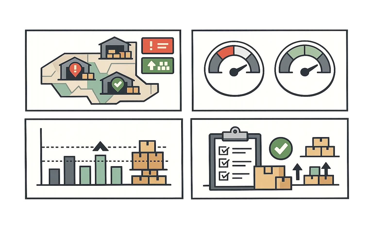 Stock level analytics dashboard showing inventory levels across warehouse locations, stockout alerts, and reorder point analysis