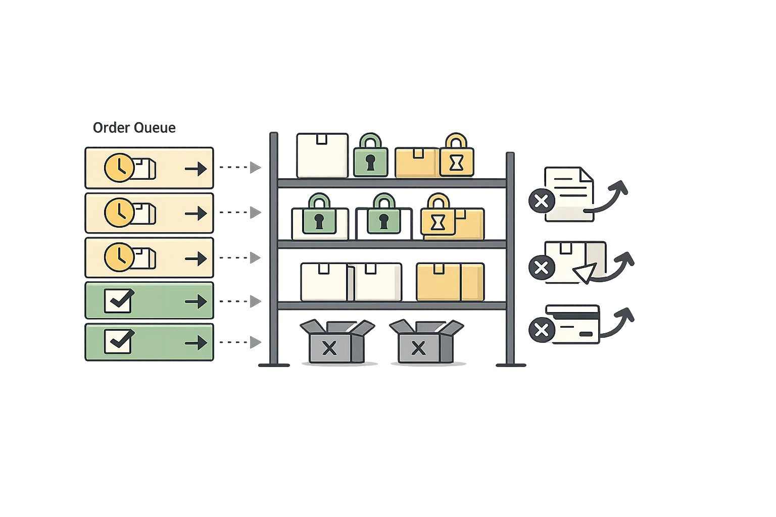 Automatic order allocation interface showing instant stock reservation, soft and hard allocation status indicators, and automatic release on order cancellation