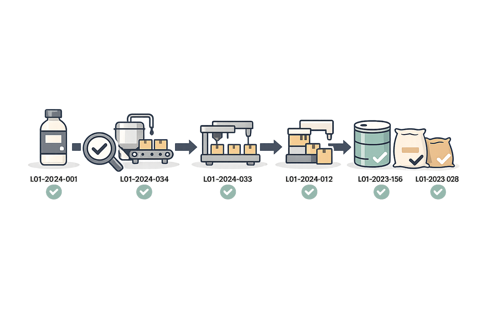 Lot genealogy tree diagram showing hierarchical visualization of lot relationships from raw materials through intermediate production to finished products with parent-child connections