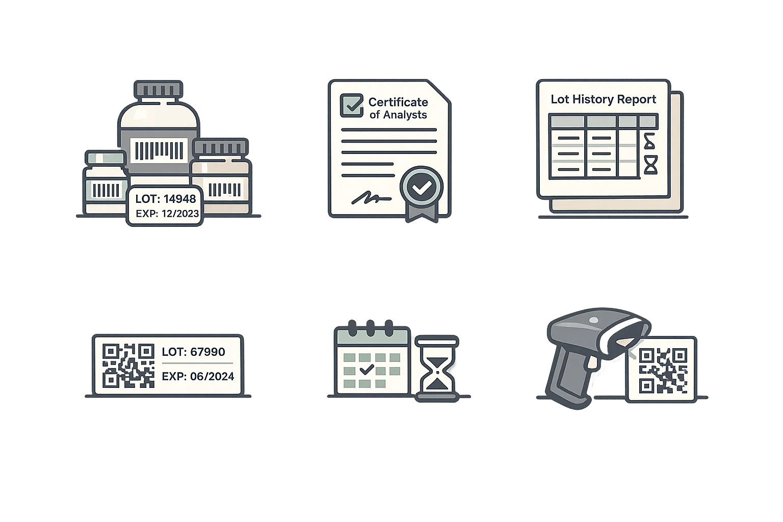 Lot documentation and labels showing barcode labels, certificates of analysis, and lot history reports
