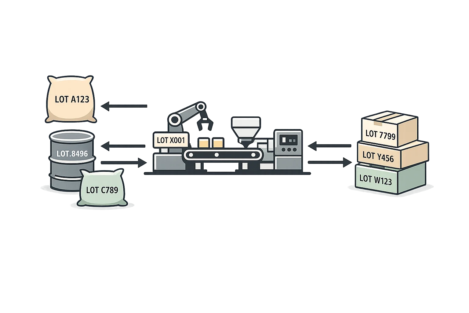 Forward and backward lot traceability visualization showing finished product tracking back through production stages to source raw materials and supplier lots with verification marks