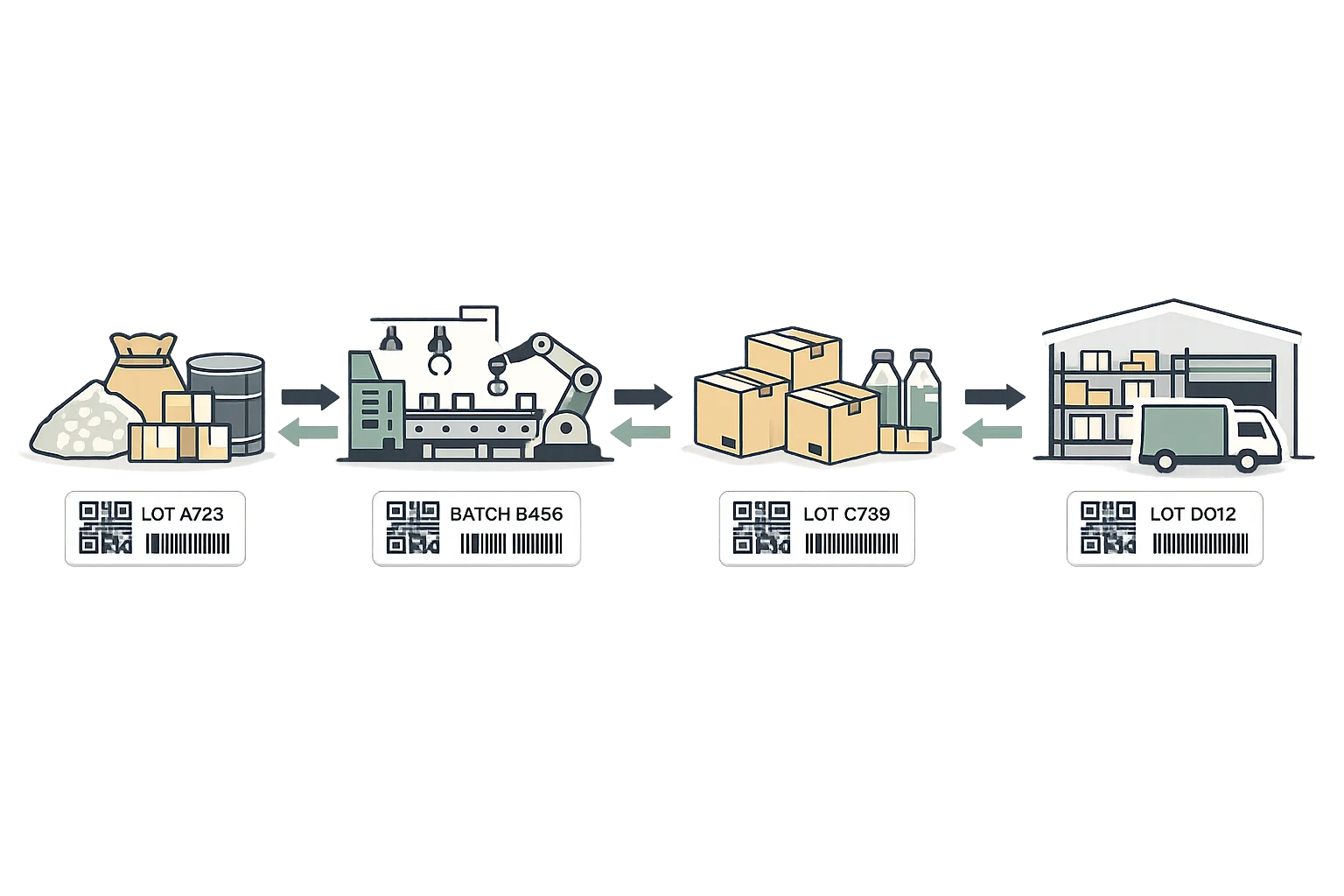 Lot traceability software showing QR code scanning and batch tracking visualization