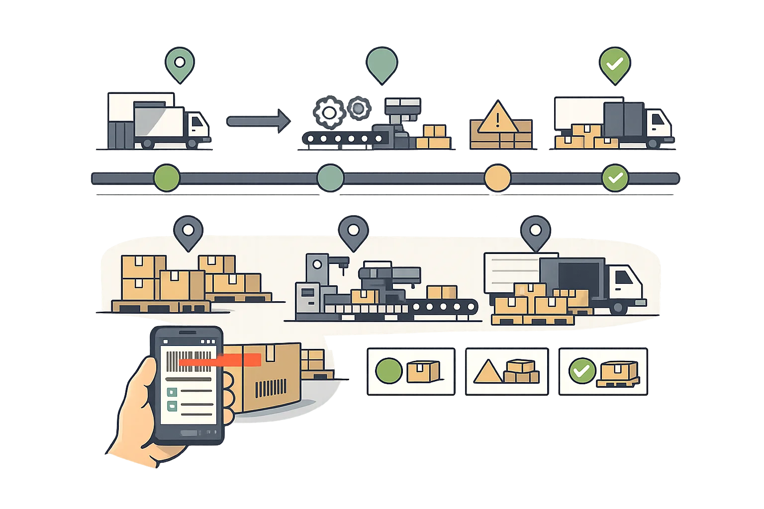 Real-time lot tracking dashboard showing lot movements across receiving, production, and shipping with barcode scanning