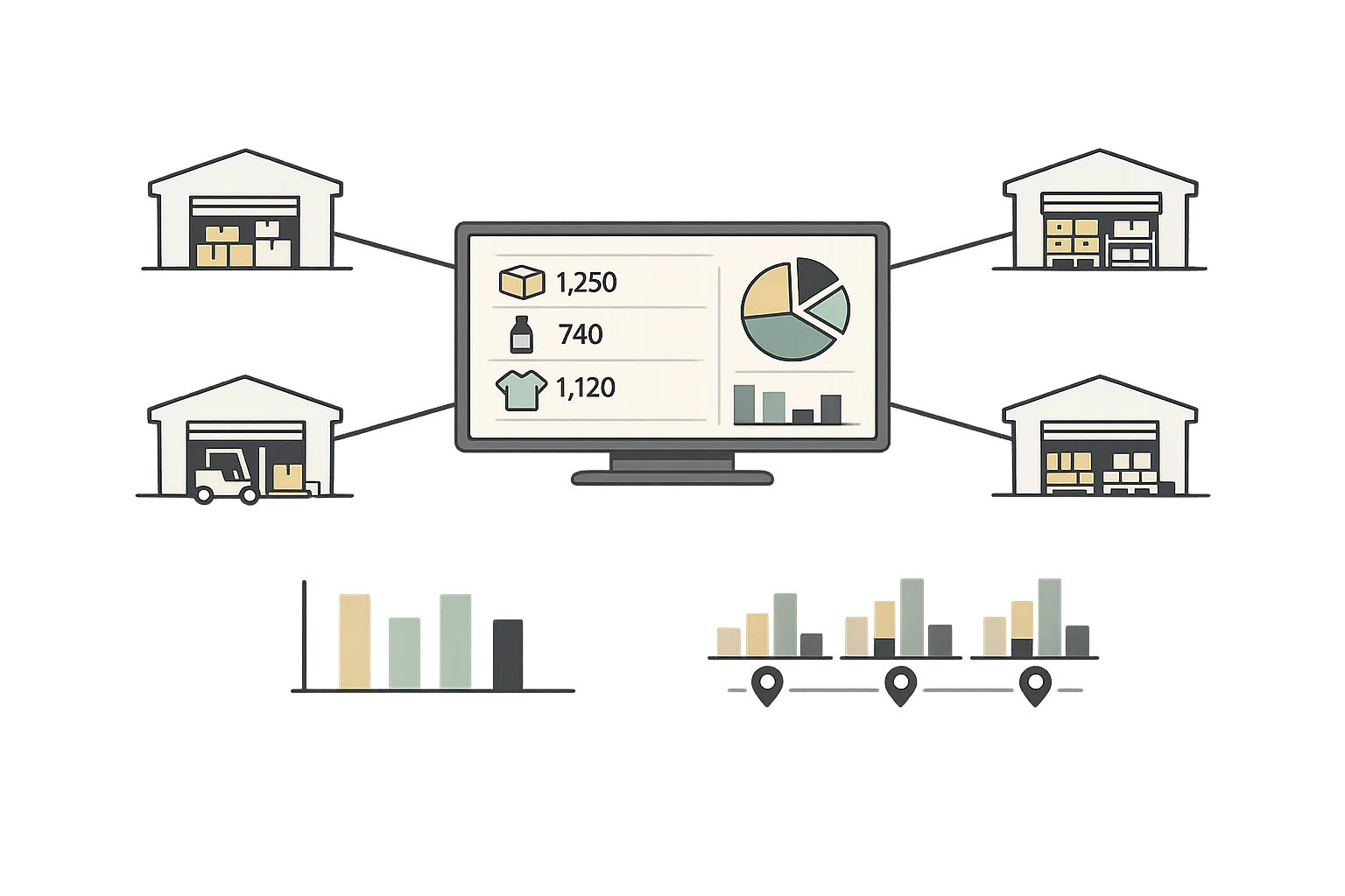 Centralized inventory dashboard showing unified view of stock levels across multiple warehouse locations with real-time counts