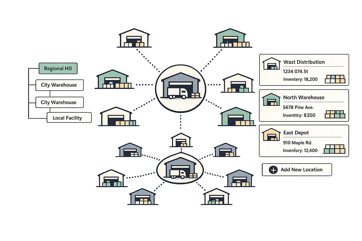 Warehouse network location management interface showing interconnected warehouse facilities, location hierarchy tree, and hub-and-spoke distribution center network