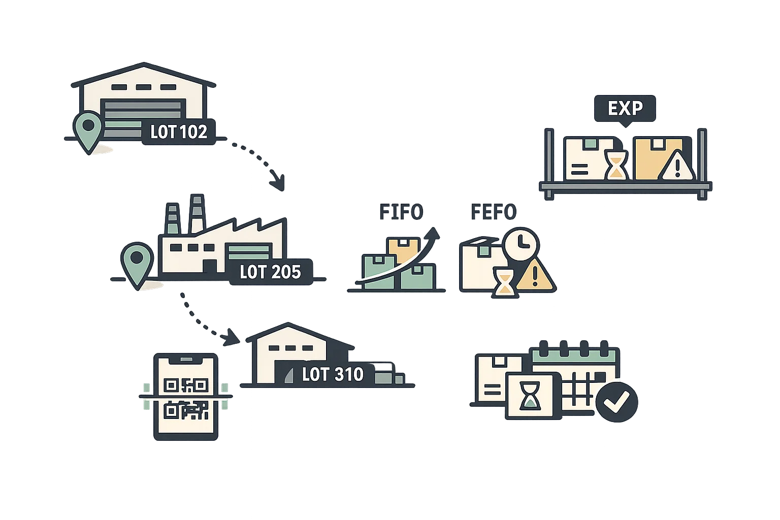 Location-based lot tracking visualization showing batch movement trails, FIFO/FEFO indicators, and expiration tracking
