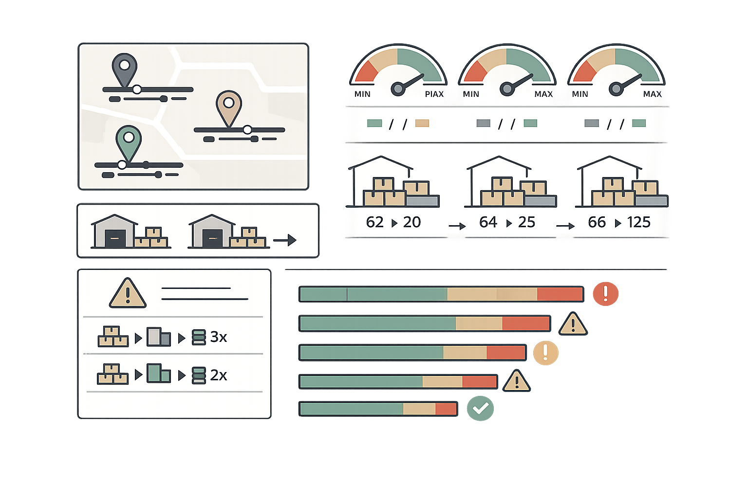 Inventory reorder point optimization dashboard showing location-specific reorder thresholds, safety stock level gauges, automatic reorder point calculations per warehouse, and low stock warning alerts with reorder quantity recommendations