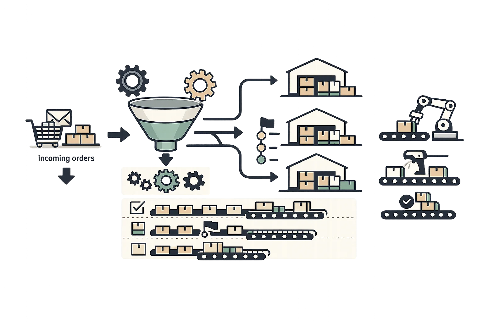 Automated order processing workflow showing rule-based routing engine, warehouse selection, and batch processing for streamlined fulfillment