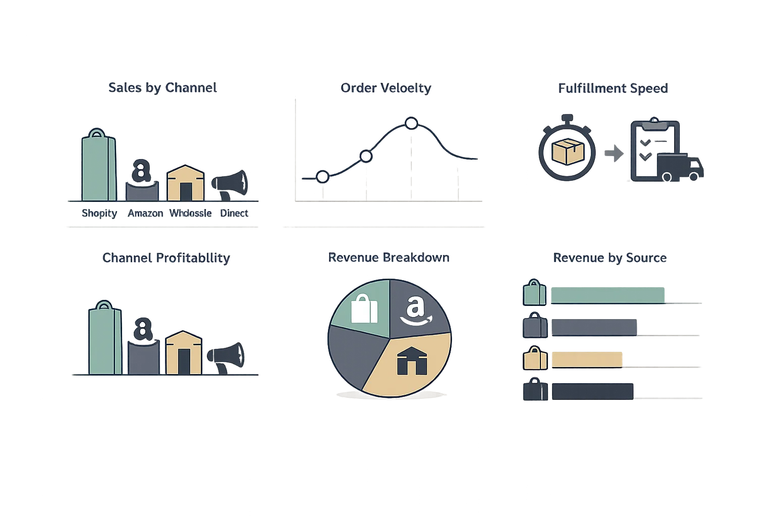 Channel performance analytics dashboard with sales comparison charts, order velocity trends, and fulfillment metrics by channel