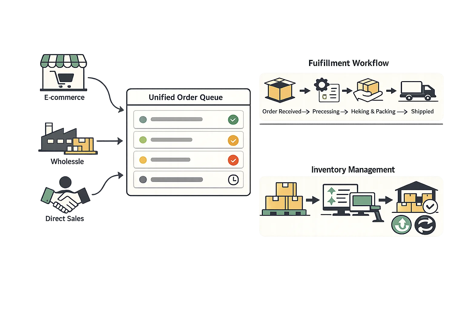 Multi-channel order management software showing centralized orders from ecommerce, wholesale, and direct sales channels
