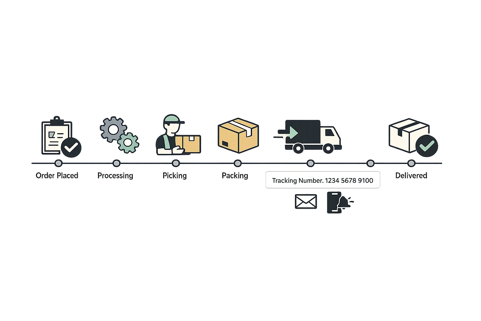 Order tracking timeline showing end-to-end visibility from order placement through processing, shipping, and delivery confirmation