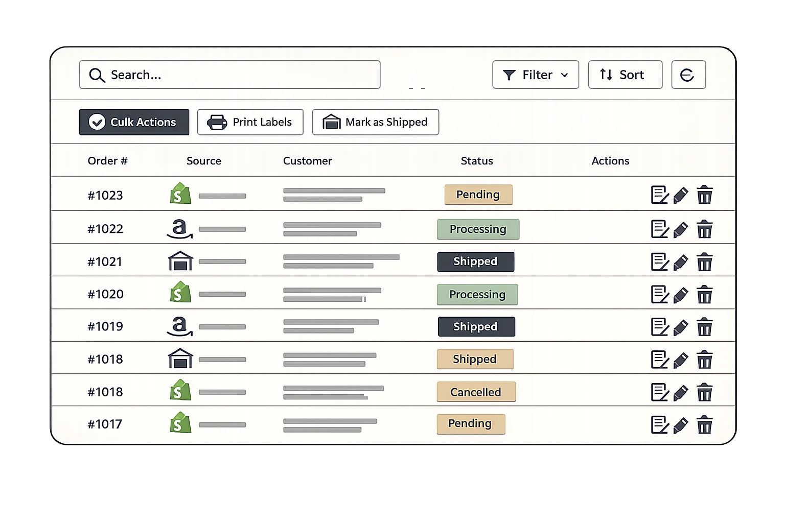 Unified order dashboard showing centralized orders from multiple sales channels with filtering, search, and bulk action capabilities