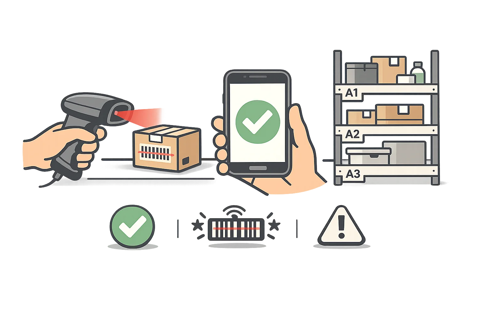Barcode-verified picking station showing handheld scanner verifying product barcode with checkmark confirmation on mobile screen