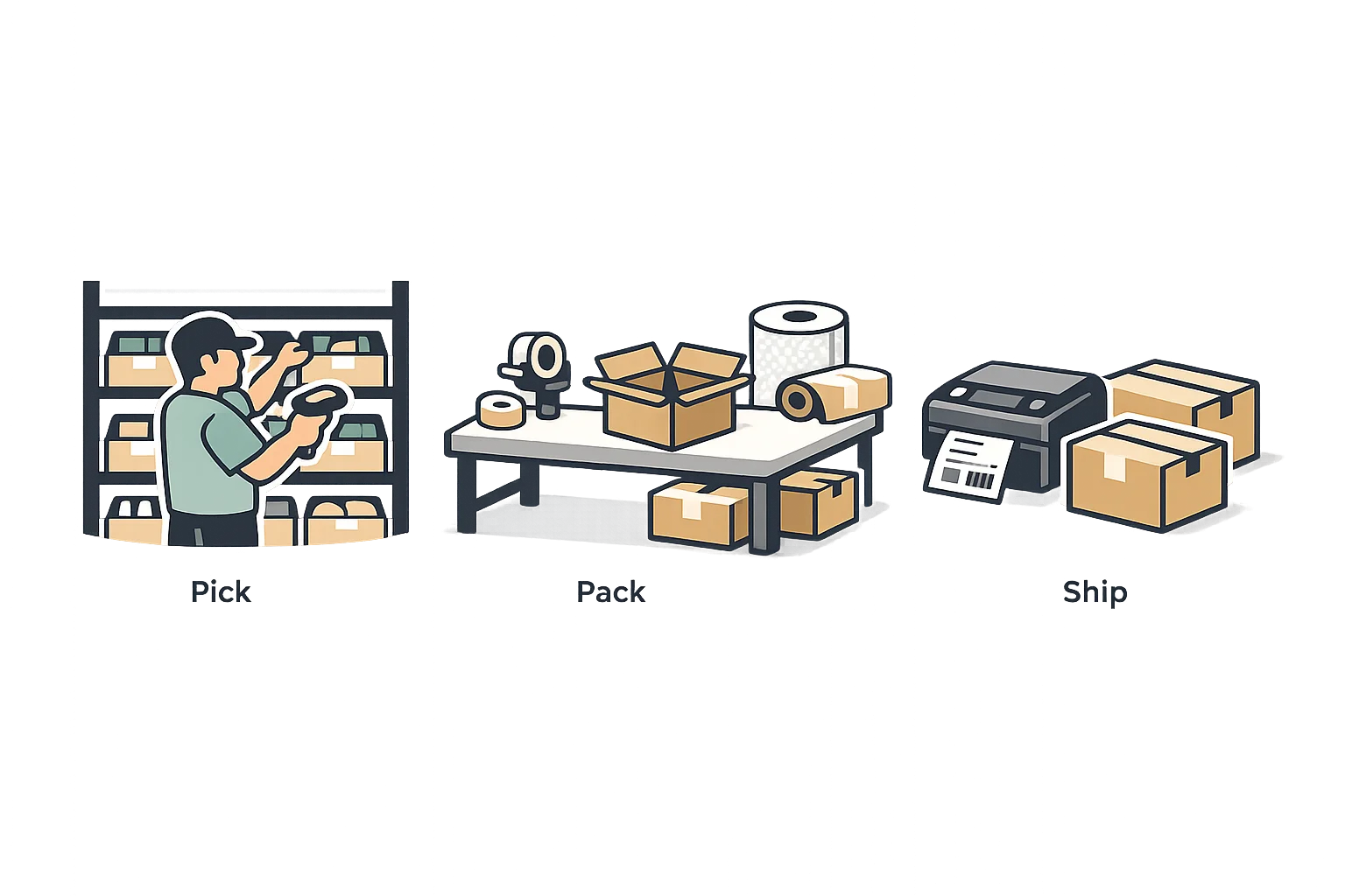 Pick pack ship software showing warehouse fulfillment workflow with picking, packing stations, and shipping operations