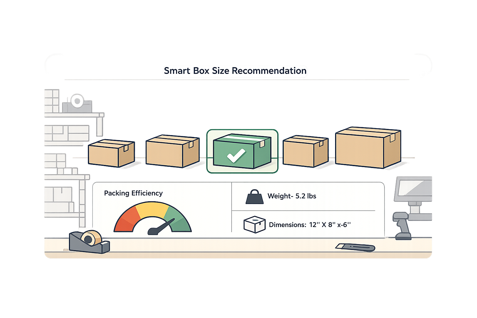 Packing optimization interface showing smart box size recommendations with multiple cardboard box options, optimal box selection based on order items, packing efficiency indicator, package weight and dimension calculations