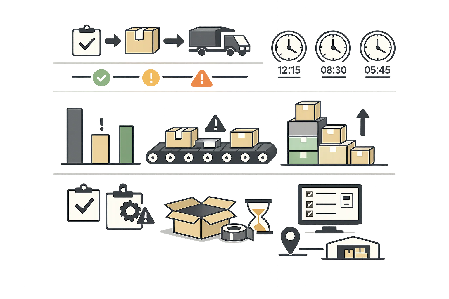 Real-time fulfillment tracking dashboard showing order progress through pick, pack, and ship stages with status timeline and bottleneck indicators
