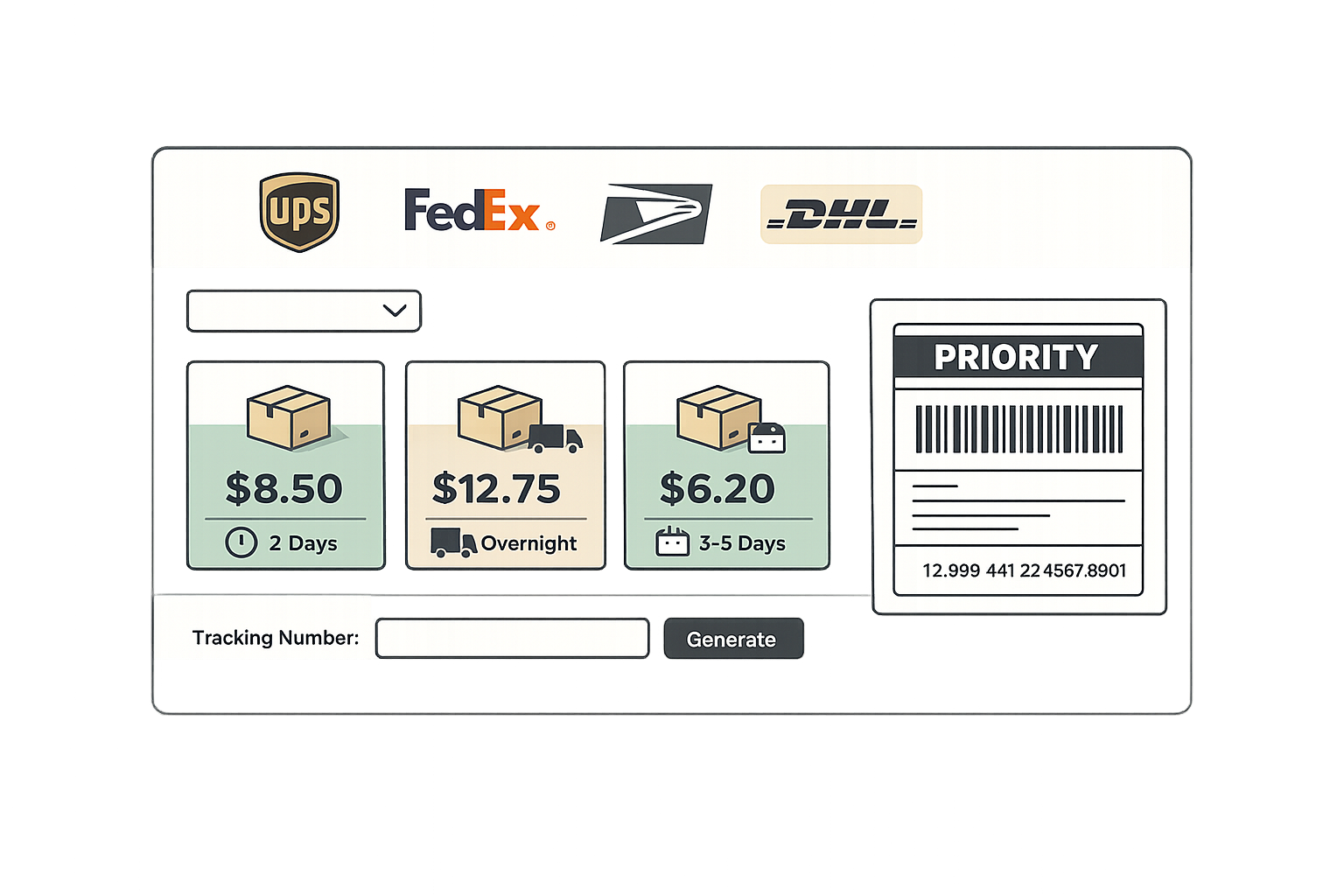 Shipping integration dashboard showing multiple carrier options with UPS, FedEx, USPS, and DHL, rate comparison cards, carrier selection dropdown, and shipping label preview