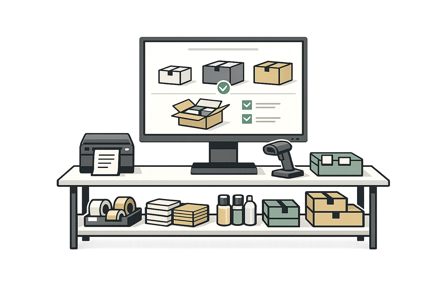 Smart pack station with guided packing workflow display, recommended box sizes, packing slip printer, and barcode scanner for content verification