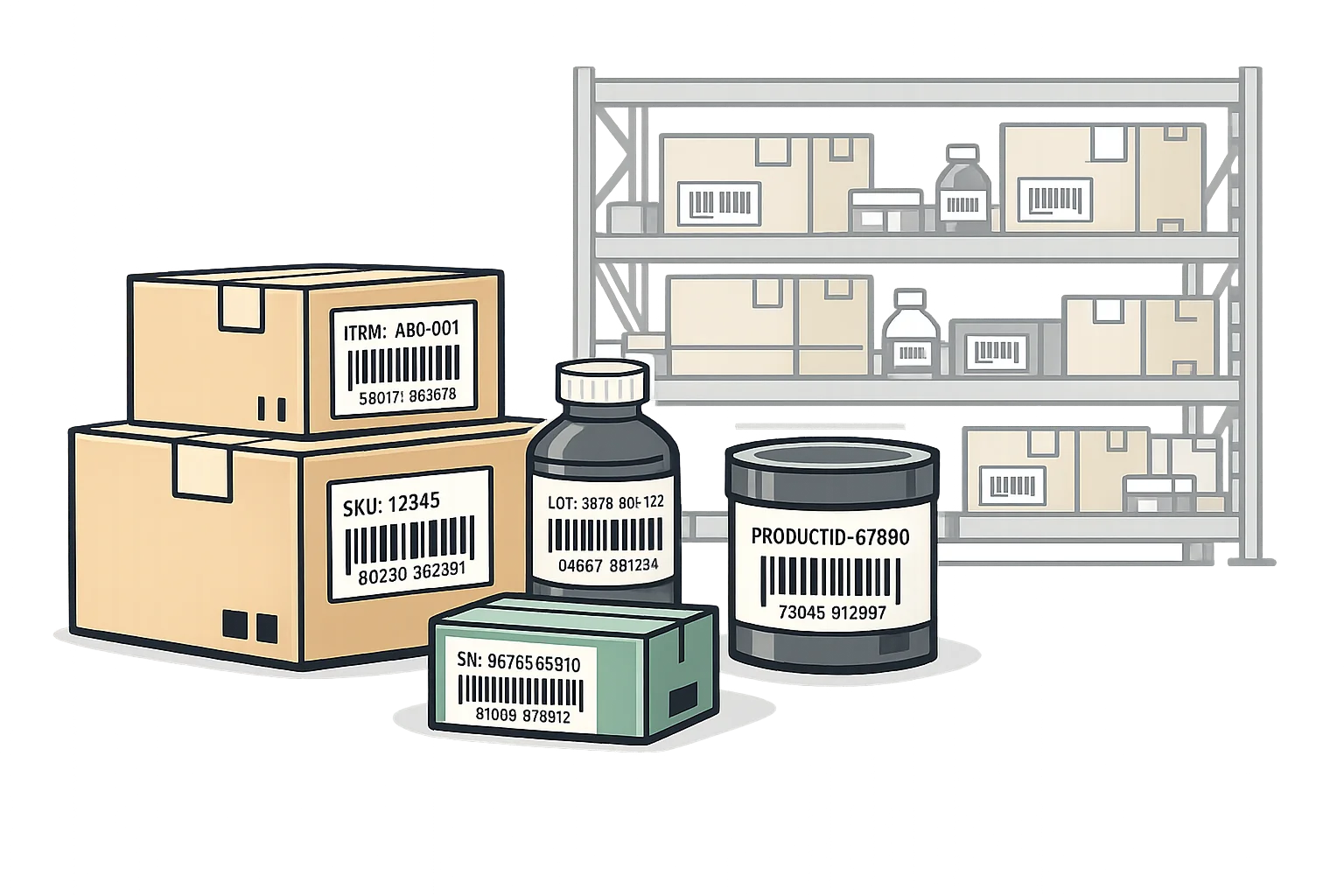 Product and inventory labels with barcodes on warehouse boxes and containers