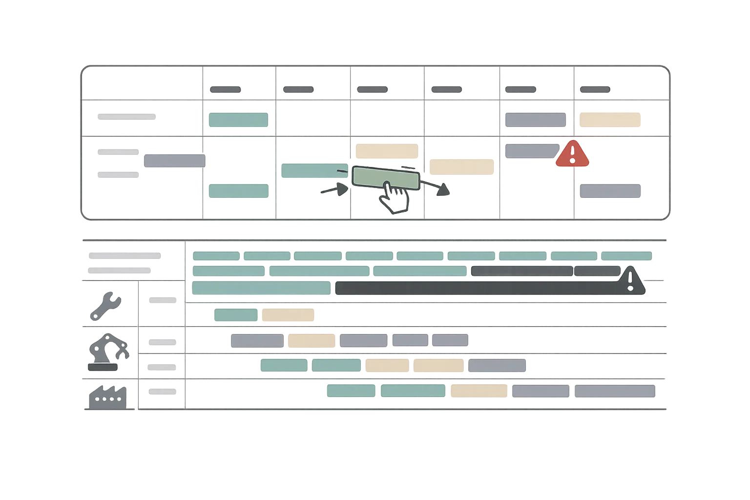 Production calendar view with drag-and-drop scheduling, color-coded work orders, capacity utilization bars, and resource allocation timeline