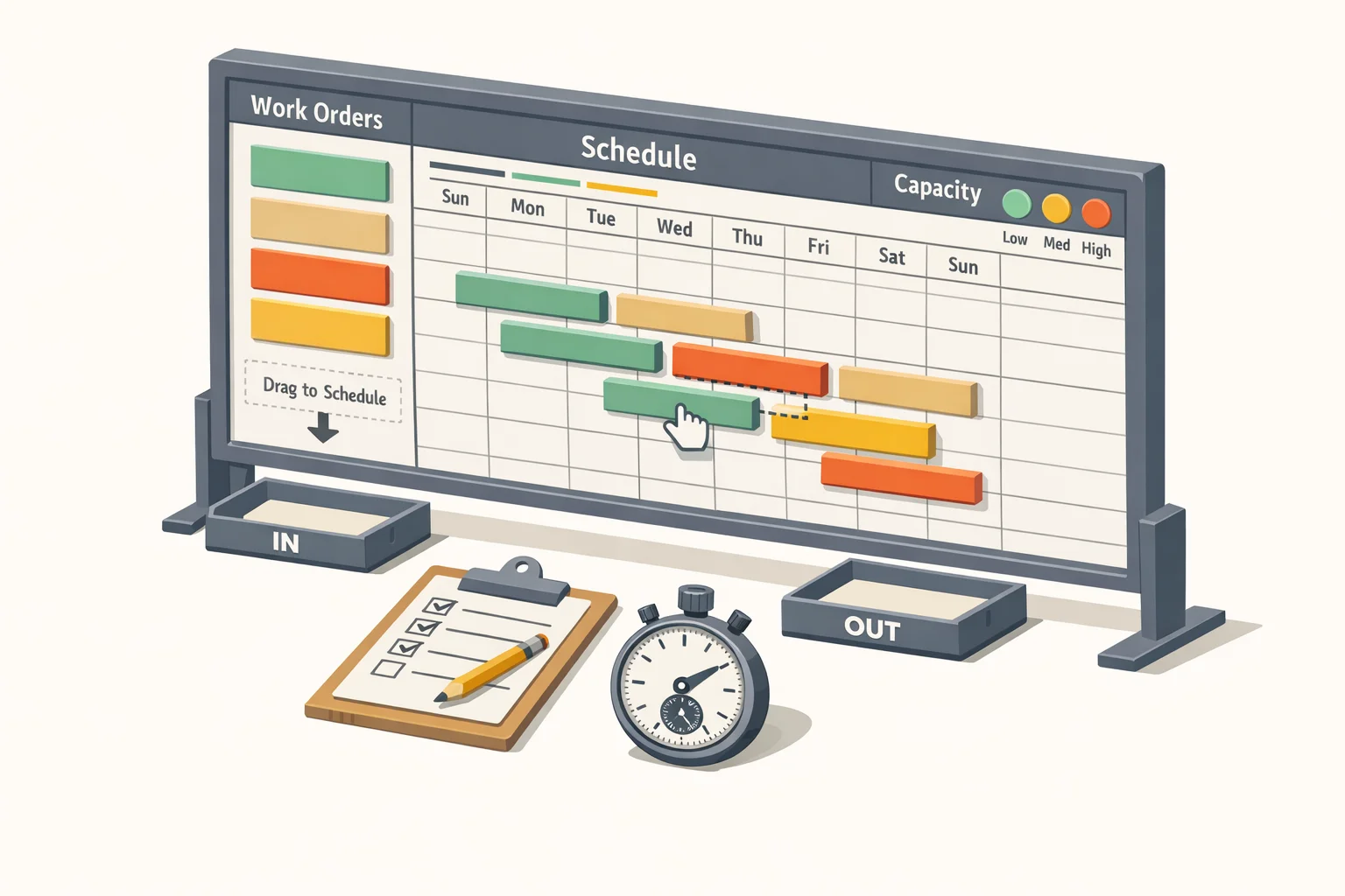 Production scheduling software showing work order management, production calendar, and manufacturing scheduling