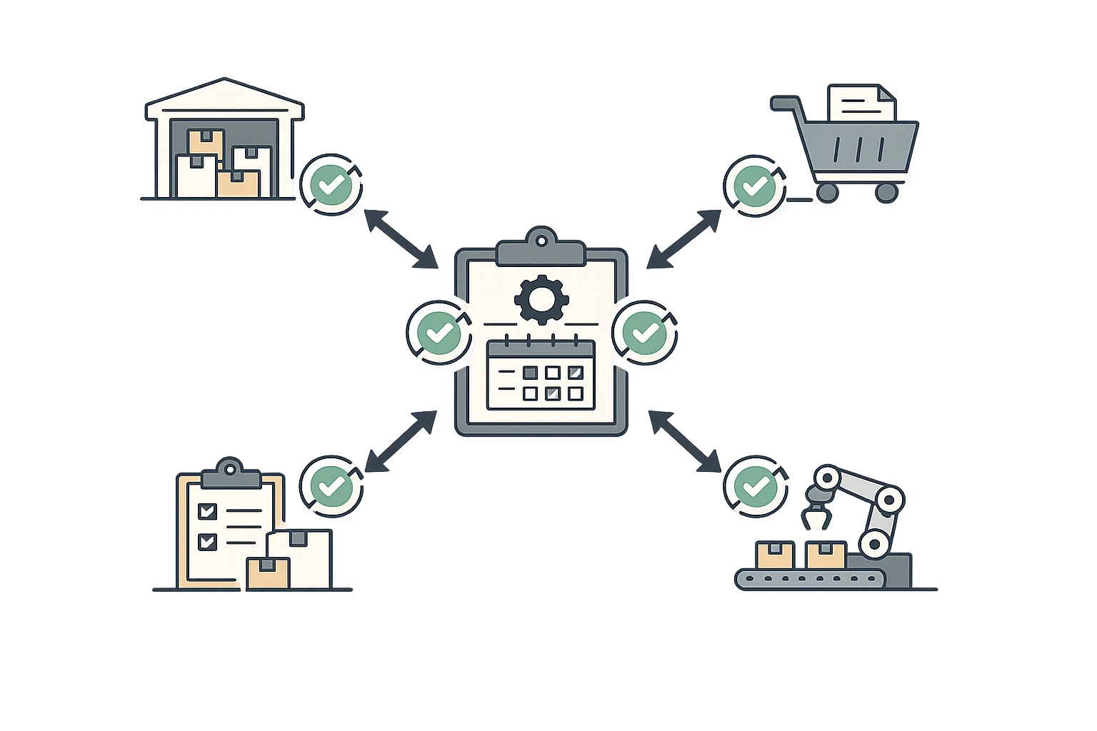 Manufacturing integration hub showing production scheduling connecting to inventory, sales orders, and purchase orders with data flow visualization