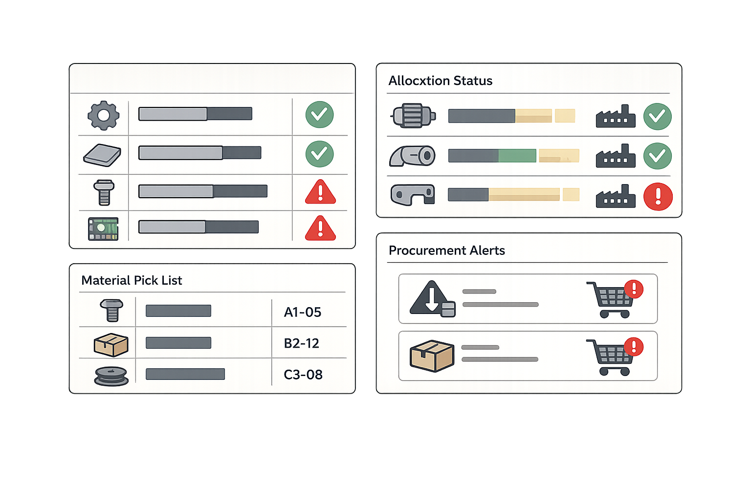 Material requirements planning dashboard showing material requirements list with component quantities, inventory availability status indicators, allocation status for work orders, material pick lists with warehouse locations, and procurement trigger notifications