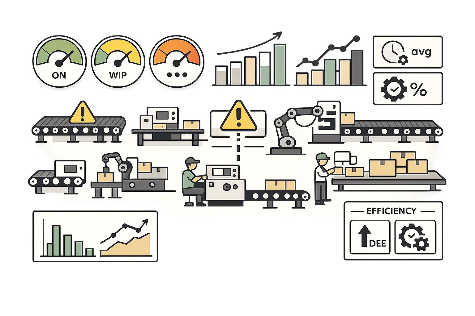 Production tracking analytics dashboard with real-time work order status, output quantity charts, cycle time metrics, and efficiency KPIs