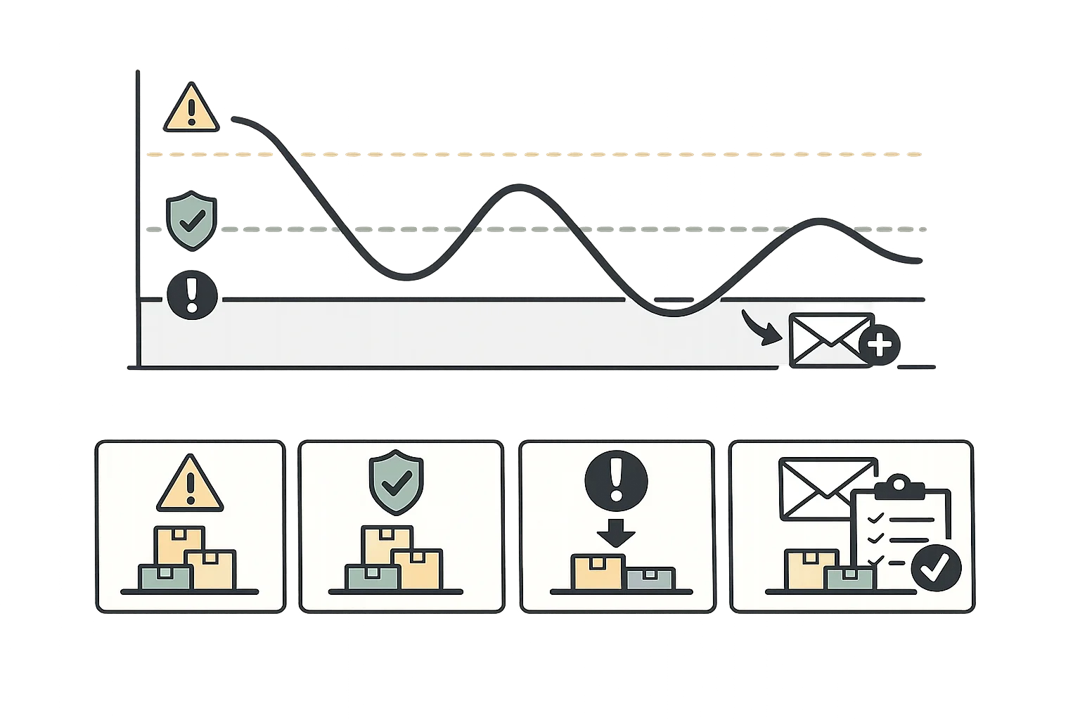 Automated reorder point interface showing inventory level thresholds, safety stock indicators, low stock alerts, and automatic PO generation suggestions