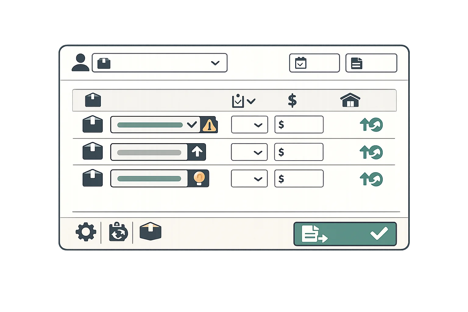 Purchase order creation interface showing digital PO form with supplier dropdown, line items, smart defaults, and one-click PO generation