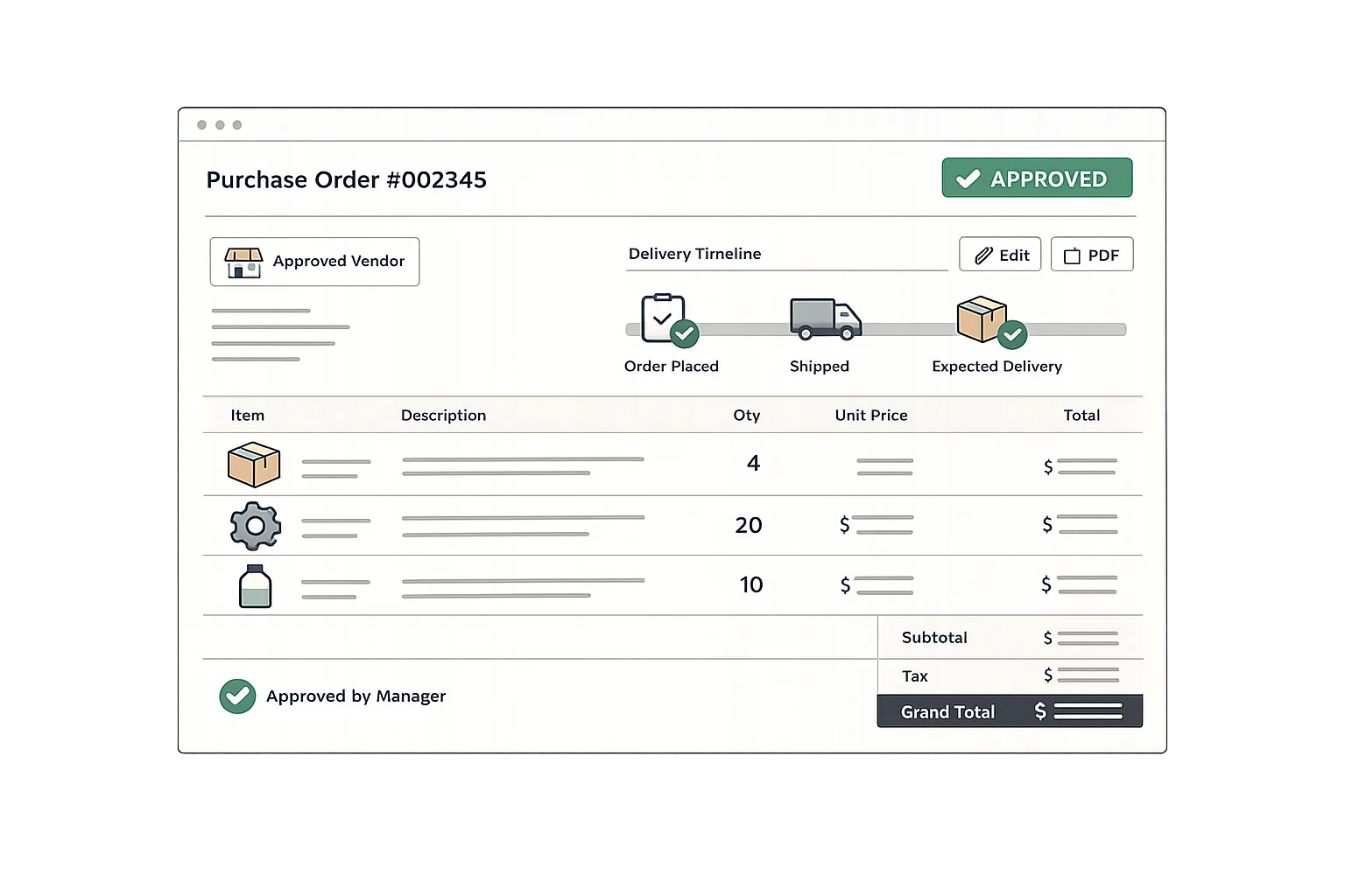 Purchase order software showing PO creation, supplier tracking, and inventory receiving management