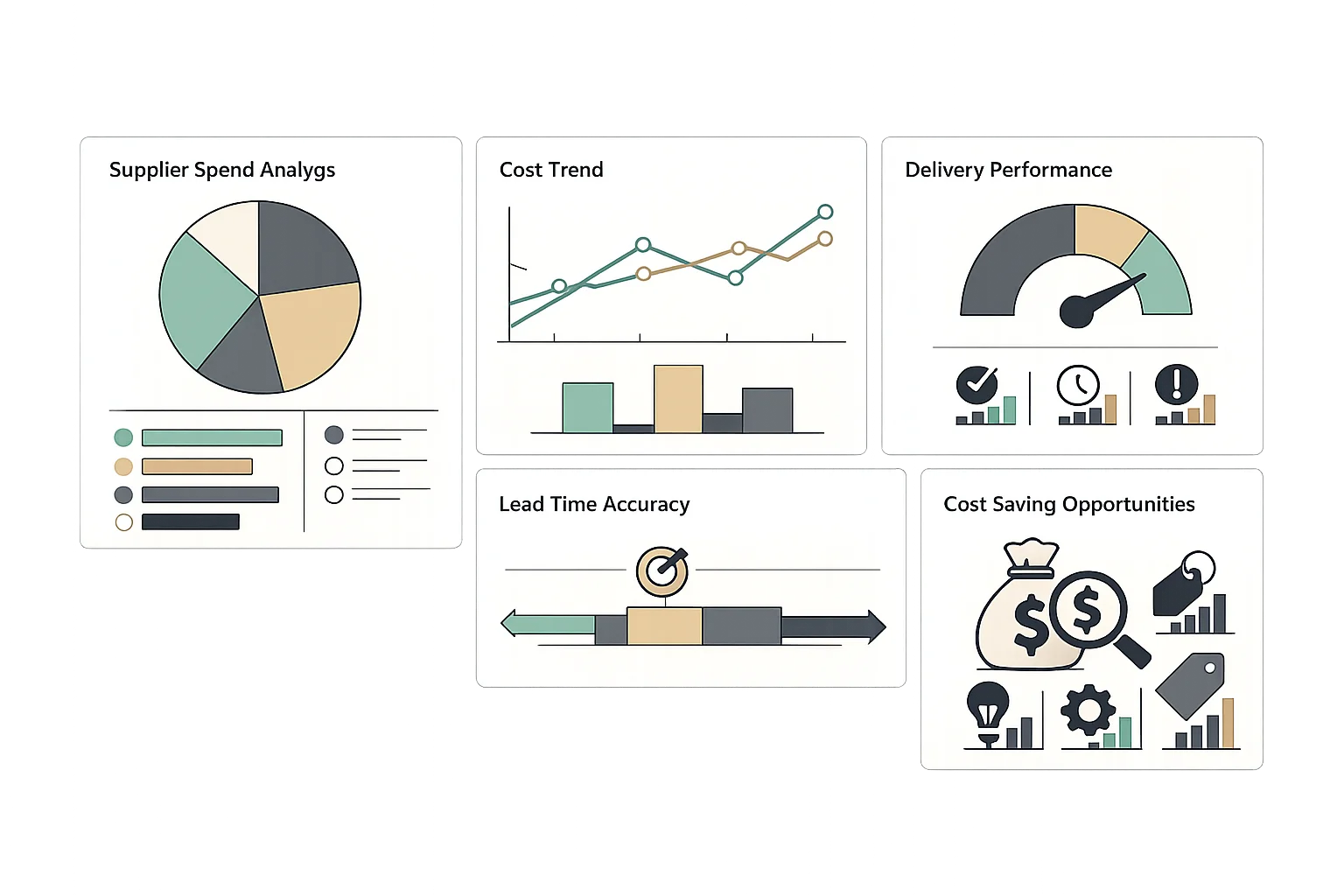 Procurement analytics dashboard showing supplier spend analysis, cost trend graphs, delivery performance metrics, and lead time accuracy tracking