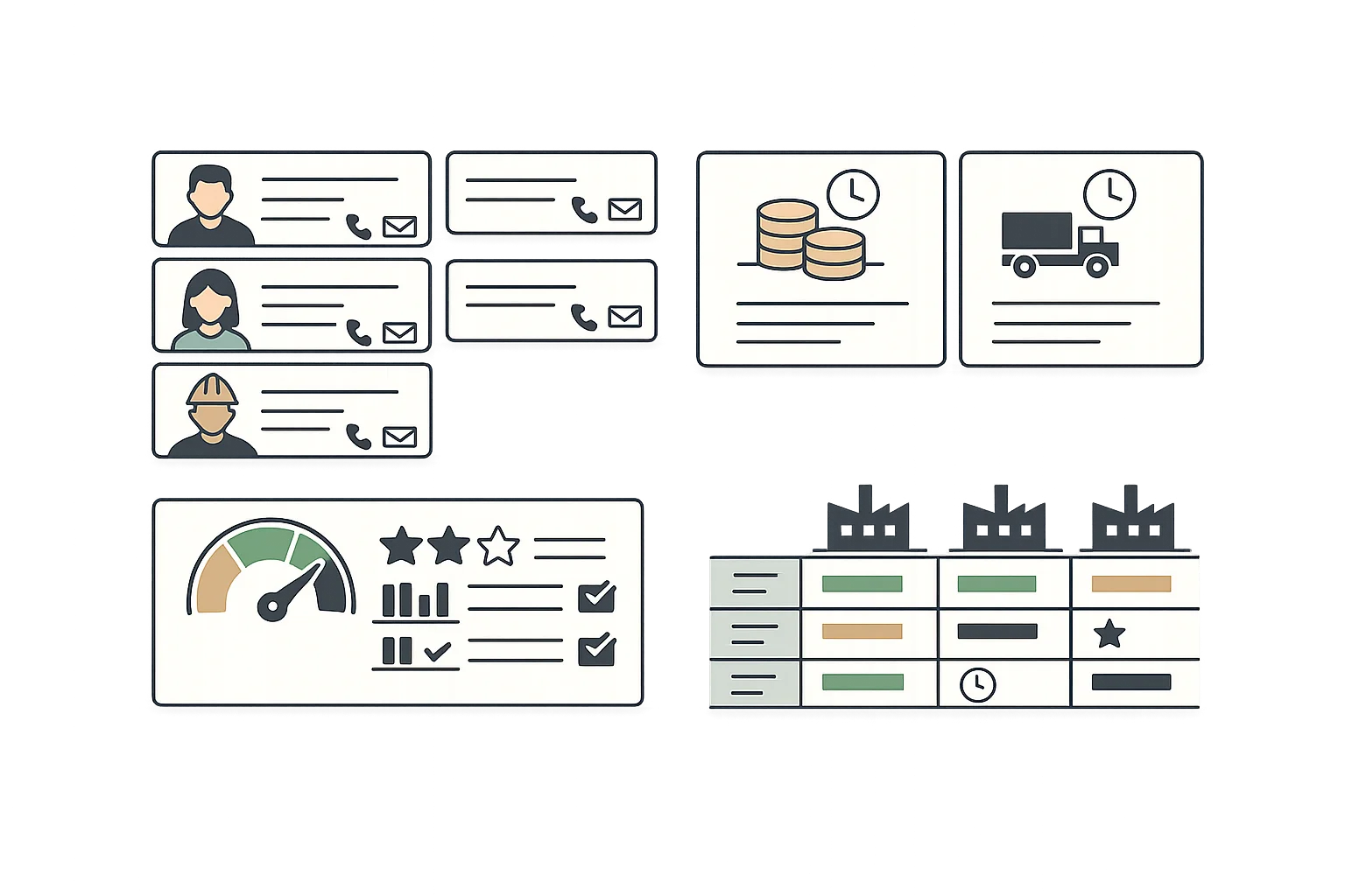 Supplier management database showing vendor contact cards, payment terms, lead times, and performance scorecards with delivery reliability ratings