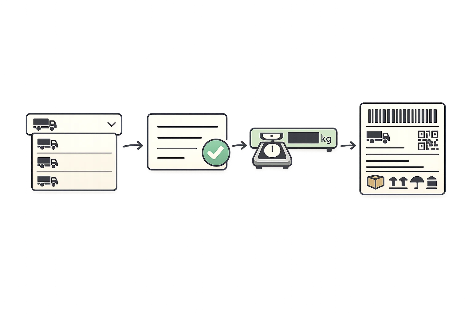 Automated shipping label generation workflow showing rule-based carrier selection, address validation, and weight auto-calculation with label preview