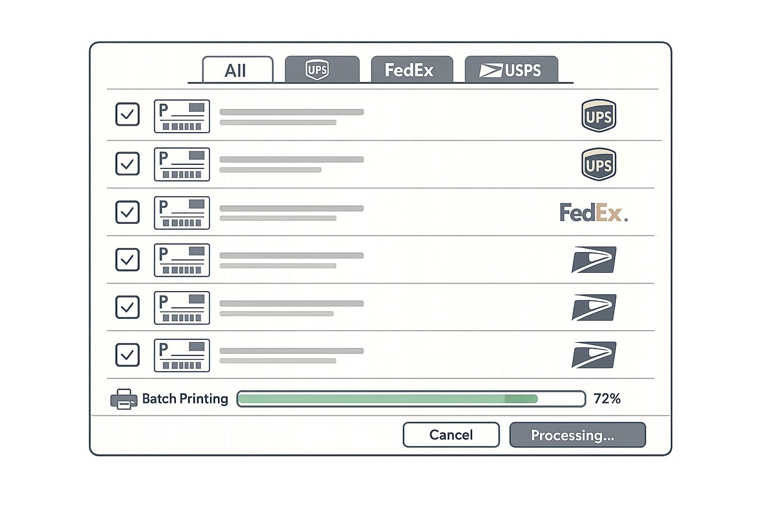 Batch label printing station for shipping fulfillment showing thermal label printer, printed shipping labels with barcodes, and print queue interface organized by carrier