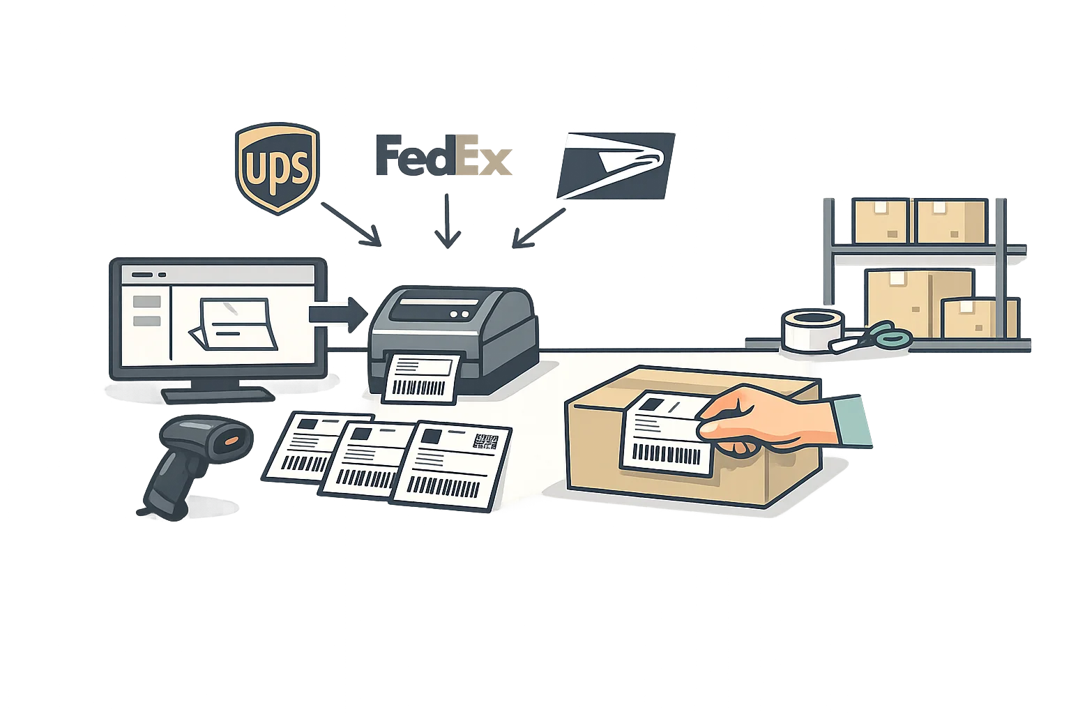 Shipping label software showing carrier integration, automated label generation, and multi-carrier shipping management