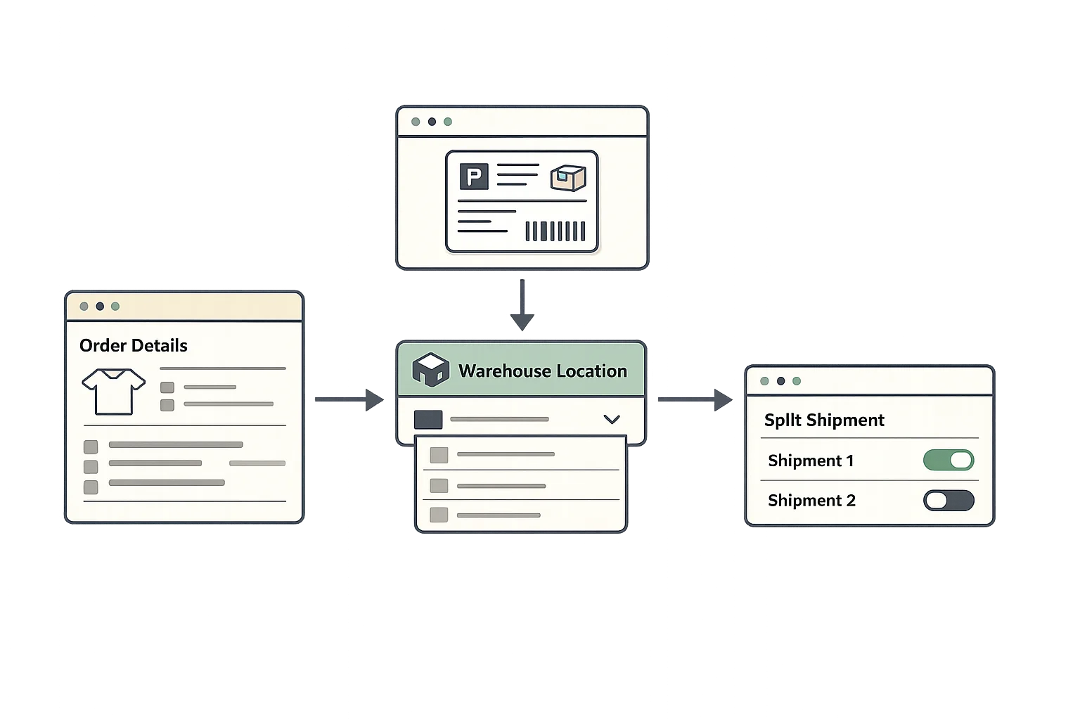 Integrated order fulfillment workflow showing order details connected to shipping label generation, warehouse location picker, and split shipment options