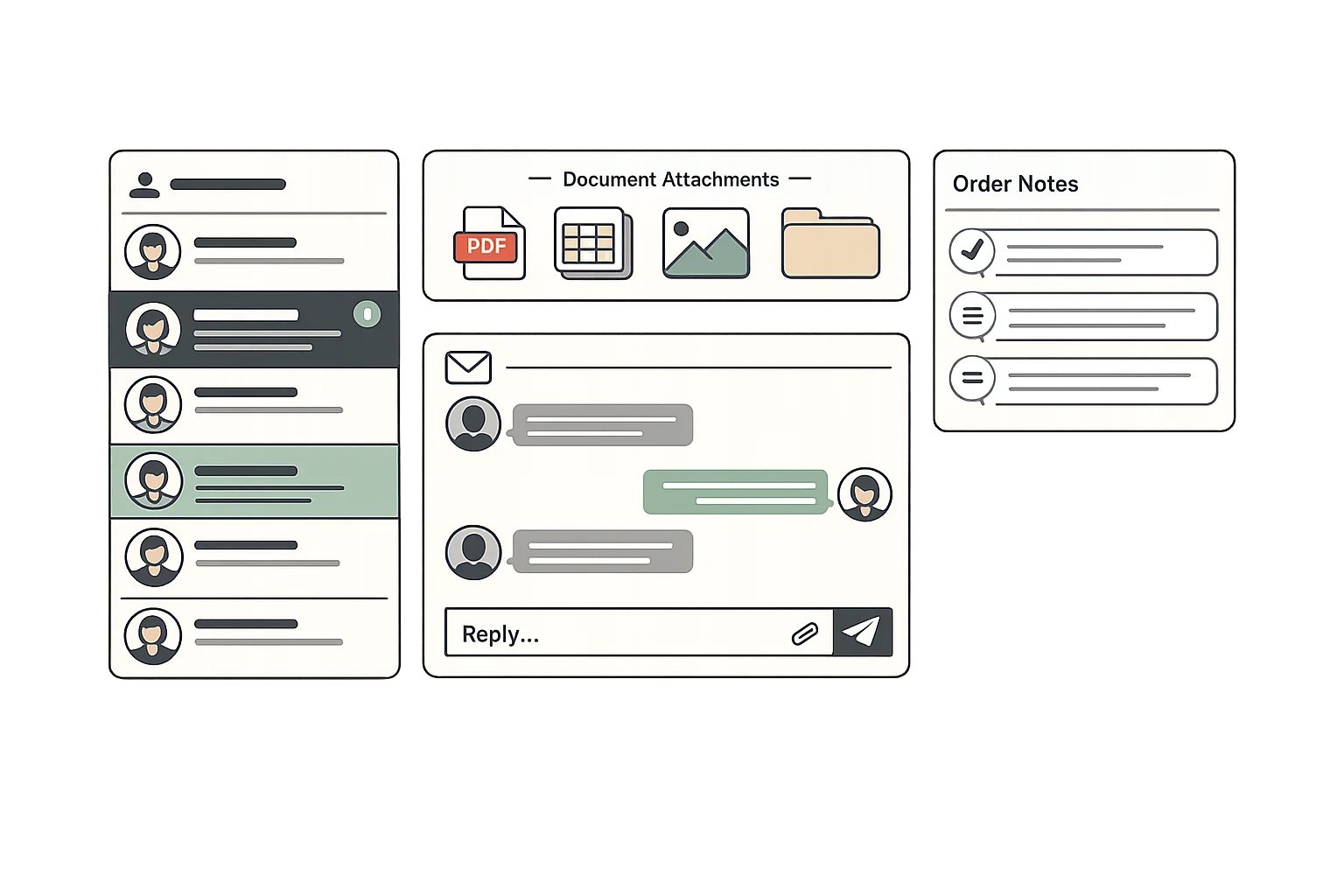 Supplier communication hub showing message thread list, document attachments, order-specific notes panel, and email integration with organized conversation timeline